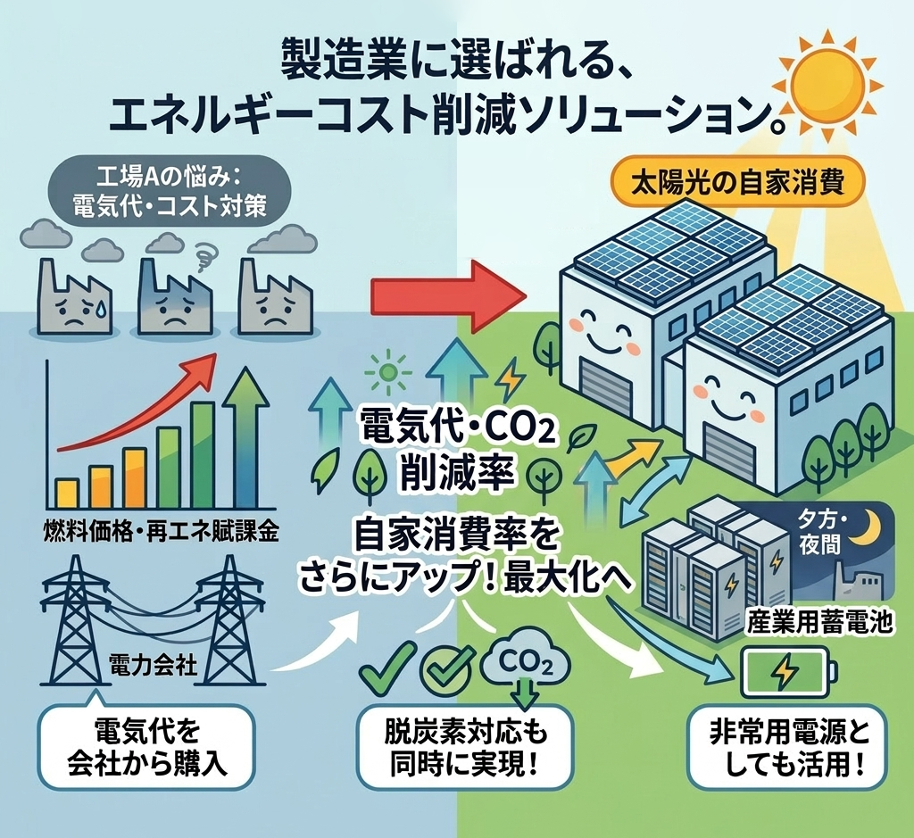 工場の太陽光自家消費と産業用蓄電池のエネルギー運用イメージ
