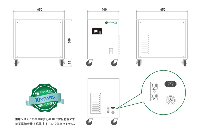 外形寸法図｜電池からの出力は背面に取り付けてあるコンセントから行えます。